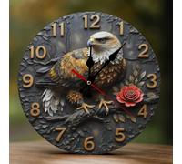 Decorative Wall Clocks Battery Operated - 10 Inch Modern Wooden Rustic Brown Eagle Rose 2D Print Non Ticking Silent Wall Clocks for Living Room Office Bedroom Kitchen Hotel Bathroom Decor