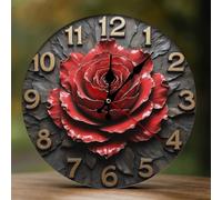 Decorative Wall Clocks Battery Operated - 10 Inch Modern Wooden Vintage Red Rose-A 2D Print Non Ticking Silent Wall Clocks for Living Room Office Bedroom Kitchen Hotel Bathroom Decor