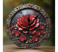 Decorative Wall Clocks Battery Operated - 10 Inch Modern Wooden Vintage Red Rose Pattern-C 2D Print Non Ticking Silent Wall Clocks for Living Room Office Bedroom Kitchen Hotel Bathroom Decor