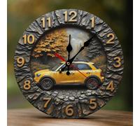 Decorative Wall Clocks Battery Operated - 10 Inch Modern Wooden Vintage Yellow Car Journey 2D Print Non Ticking Silent Wall Clocks for Living Room Office Bedroom Kitchen Hotel Bathroom Decor