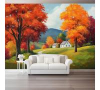 Decorative Wall Mural Autumn Landscape Painting Printed Wallpaper, Paste The Wall Installation 138" x 101"/350 x 256 cm(WxH) Modern Photo Wallpaper for Bedroom and Living Room Red Orange Leaves