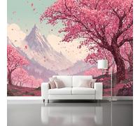 Decorative Wall Mural Cartoon Cherry Blossom Forest Printed Wallpaper, Paste The Wall Installation 138" x 101"/350 x 256 cm(WxH) Modern Photo Wallpaper for Bedroom and Living Room Pink Petals