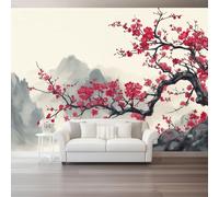 Decorative Wall Mural Chinese Red Plum Blossom Printed Wallpaper, Paste The Wall Installation 138" x 101"/350 x 256 cm(WxH) Modern Photo Wallpaper for Bedroom and Living Room Gray Mountains