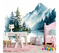 Decorative Wall Mural Mountains Forests Lakes Printed Wallpaper, Paste The Wall Installation 138" x 101"/350 x 256 cm(WxH) Modern Photo Wallpaper for Bedroom and Living Room Green