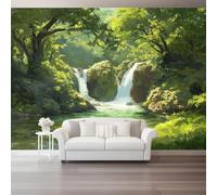 Decorative Wall Mural Natural Forest Waterfall Printed Wallpaper, Paste The Wall Installation 138" x 101"/350 x 256 cm(WxH) Modern Photo Wallpaper for Bedroom and Living Room Green