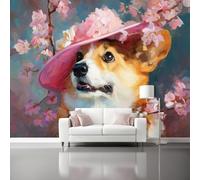 Decorative Wall Mural Oil Painting Cute Corgi Printed Wallpaper, Paste The Wall Installation 138" x 101"/350 x 256 cm(WxH) Modern Photo Wallpaper for Bedroom and Living Room Pink Cherry Blossoms