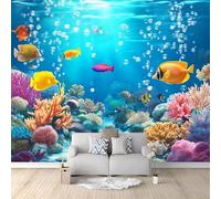Decorative Wall Mural Underwater Creatures Fish Printed Wallpaper, Paste The Wall Installation 138" x 101"/350 x 256 cm(WxH) Modern Photo Wallpaper for Bedroom and Living Room Colorful
