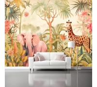 Decorative Wall Mural Wild Animals Tropical Palms Watercolor Style Printed Wallpaper, Paste The Wall Installation 250 x 175 cm（WxH Modern Photo Wallpaper for Bedroom and Living Room Green