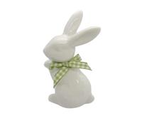 Decorative White Ceramic Bunny Figurine with Green Gingham Bow, 9.5 cm Cute Ceramic Rabbit Ornament, White Ceramic Easter Bunny Ornaments (Green)