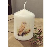 Decorative White Pillar Candle with Barn Owl Design, Hand-Painted Nature Art, Rustic Home Decor