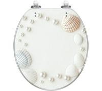 Decorative White Round Resin Toilet Seat with Beach Sand Shells Pearls Quiet Close Quick Release Hinges Cover Bumpers Easy Install Clean