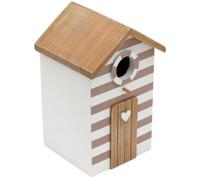 Decorative Wooden Beach Hut Birdhouse - White And Taupe Stripes With Heart Detail - 22 cm