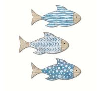 Decorative Wooden Fish Wall Art Set, 3 Pieces, Blue and Grey Coastal Design, 17 x 7.6 cm Nautical Beach Seaside