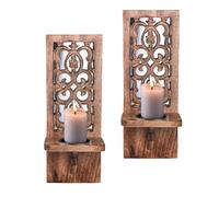 Decorative Wooden Wall Candle Sconces - Set of 2, 16 Inch Pillar Candle Holders, Rustic Wooden Wall Candle Sconces, Handcrafted Wooden Wall Candle Sconces Perfect for Christmas,New Year -Natural Burnt