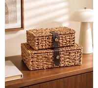 Decorative Woven Boxes with Lids for Shelf Decor Livingroom Organization | Natural Seagrass Storage Baskets Set of 2 with Leather Accent, Stackable Bins for Bathroom Vanity & Japandi Organization