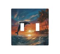 Decorator Double Toggle Light Switch Covers Dolphins and Palm Trees Wall Plate 2-Gang Standard Size 4.5" x 4.5" Double Toggle Switch Wallplate Decorative 2 Gang Wall Switch Plate Covers