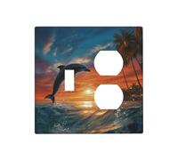 Decorator Wall Plate 2 Gang Light Switch Covers Dolphins and Palm Trees Wallplate Double Toggle Switch Plate Standard Size Electrical Outlet Covers Decorative Wall Switch Plate Cover