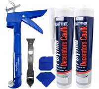 Decorators Caulk Kit - 2 x 290ml Brilliant White Paintable Acrylic Sealant with Caulking Gun, Sealant Scraper, 2 Smoothing Tools, Saver Cap & 2 Cloths