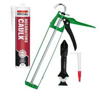 Decorators Caulk White Set - Acrylic Gap & Crack Filler for Walls and Ceilings with Sealant Gun, Soudal White Caulk, Silicone Sealant Spare Nozzle, and Hulthor Smoothing Tool