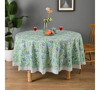 DecorAvenue Hand Block Printed Tablecloth, Colorful Floral Print, Indian Artisan Handmade Art, Dining Room, Kitchen, Outdoor Party Decor, 100% Cotton, (Mint Green Blue, 10 Seater, 108 Inches Round)