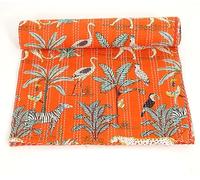 DecorAvenue Hand-Stitched Bohemian Kantha Quilt Jungle Print Cotton Bedspread Lightweight Reversible Throw Blanket, Vintage Style Bedding for All Seasons, Color - Orange, Size King 108" x 108" inches