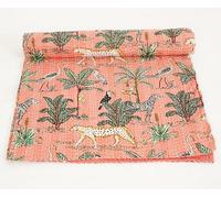 DecorAvenue Hand-Stitched Bohemian Kantha Quilt Jungle Print Cotton Bedspread Lightweight Reversible Throw Blanket, Vintage Style Bedding for All Seasons, Color - Peach, Size Queen 90" x 108" inches