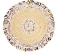 DecorAvenue Handmade Boho Braided Jute & Cotton Area Rug Ideal for High Traffic Areas in Living Room Bedroom(Natural/Ivory White, 90 x 90 cm / 3 x 3 Ft/Round Shape)