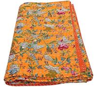 DecorAvenue Indian Traditional Handmade Printed Quilt Cotton Super Soft Kantha Quilt Blanket Throw Bedspread Bedroom Décor Throw Quilt (Yellow Paradise, King 108 x 108 Inches)