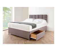 DECORE4U LTD Peaceful Grey Linen Divan Small Double Bed with Mattress - Elegant 10" Spring Memory Foam | Bed Frame with Stylish 20" Cube Headboard & Spacious 2 Storage Drawers | 4FT Small Double