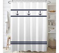 Decoreagy Navy Anchor Shower Curtain Sets for Bathroom, Blue White Striped Shower Curtains, Nautical Themed Bath Curtain Water Resistant, Polyester Fabric ,Machine Washable with 12 Hooks 72x72in
