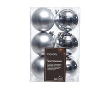 Decoris, 21831, Xmas Balls, shatterproof, Mixed Shiny and Matt Silver (Silber),Pack of 12 x 60mm