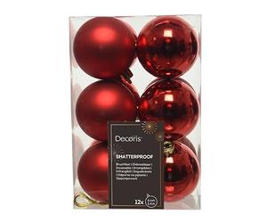Decoris Box of 12 shatterproof baublesshiny/matt 6 cm red, acrylic, red