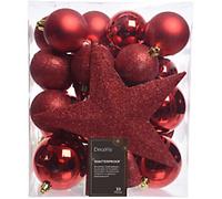 Decoris Christmas Bauble Red Shatterproof mix box with tree topper Pack of 33