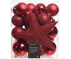 Decoris Christmas Bauble Red Shatterproof mix box with tree topper Pack of 33