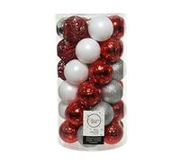 Decoris Christmas Baubles Plastic 6 cm x 37 Ornaments Mix Set Christmas Tree Baubles Shatterproof Red White Silver