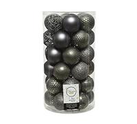 Decoris Christmas Baubles Plastic 6 cm x 37 Ornaments Mix Set Christmas Tree Baubles Shatterproof Warm Grey