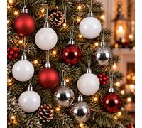 Decoris Pack Of 30 Christmas Tree Baubles Shatterproof Red White Silver