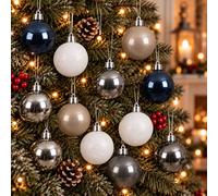 Decoris Pack Of 30 Christmas Tree Baubles Shatterproof White Silver Blue