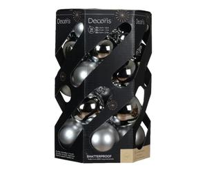Decoris Silver Christmas Ornament Set - 30 Shatterproof Baubles in Mixed Finishes, 3 Sizes - Durable, Eco-Friendly Plastic Holiday Tree Decorations
