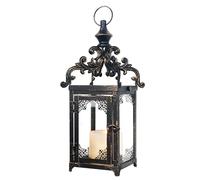 DECORKEY Large Hanging Lantern, Decorative Vintage Metal Tabletop Candle Holder for Outdoor Patio Rustic Home Decor With Clear Glass (Bronze)