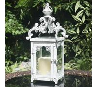 DECORKEY Large Vintage Metal Tabletop Candle Lantern, White, with Clear Glass, for Outdoor Patio Rustic Home Decor, Weddings, Holidays