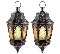 DECORKEY Ramadan Lantern Decorative Indoor & Outdoor, 2 PCS 13.6’’ Vintage Decorative Hanging Lanterns with Chain for Home Porch Patio Decor, Metal Christmas Moroccan Candle Holder Decorations (Amber)