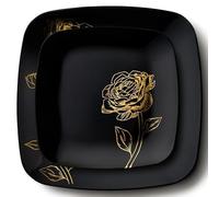 Decorline 32 Elegant Sturdy Reusable Plastic Plates Peony Collection Reusable Plates Black with Golden Flowers Set of 2 Sizes Dinner Plates 25 cm + Dessert Plates 18 cm Each 16 Pieces Black/Gold