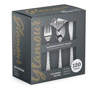 Decorline - Classy, Silver-Look, Disposable Plastic Cutlery - Silverware Reinvented, Elegant Hammered Effect Design, 120 Pieces Heavy Duty Spoons, Forks and Knives Set - All Occasion Tableware