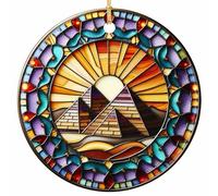 Decorlion Egypt Christmas Ornament 2026 Pyramids Stained Glass Style Travel | Three Sandstone Pyramids Backlit by a Radiating Sun in a Jewel-Tiled Border. Ceramic Travel Keepsake.