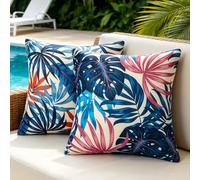 DecorMommt Cushion Cover 40 x 40 cm, Tropical Botanical Watercolour Leaf Pattern, Double-Sided Printed, Waterproof Linen with PU Coating, Set of 2, Blue, Living Room, Bedroom, Car, Office, Garden