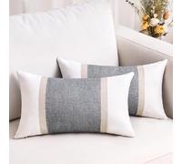 DecorMommt Striped Patchwork 30 x 50 cm Cushion Cover 2 Pack Grey Linen Cotton Living Room Bedroom Office Patio Porch Couch Sofa Reading Chair