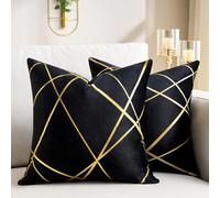 DecorMommt Velvet Cushion Cover Black Decorative Throw Pillow Covers Gold Lines Square Geometry Cushion Case Soft Home Living Room Bedroom Pack of 2 18 x 18 Inch 45 x 45 CM
