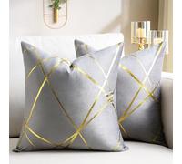 DecorMommt Velvet Cushion Cover Grey Decorative Throw Pillow Covers Gold Lines Square Geometry Pattern Cushion Case Soft Home for Living Room Bedroom Pack of 2, 40x40cm(16''x16'')