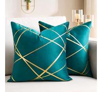 DecorMommt Velvet Cushion Cover Teal Decorative Throw Pillow Covers Gold Lines Square Geometry Cushion Case Soft Home for Living Room Bedroom Pack of 2 18 x 18 Inch 45 x 45 cm